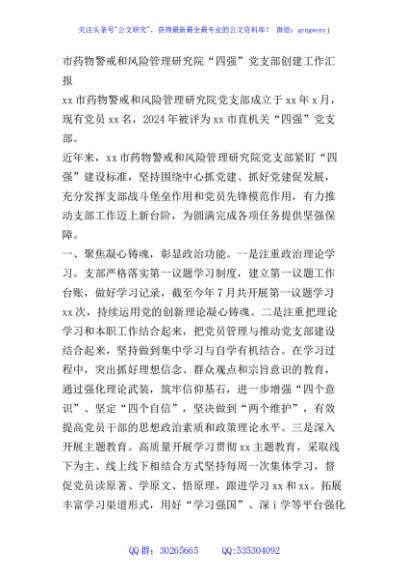 市药物警戒和风险管理研究院“四强”党支部创建工作汇报