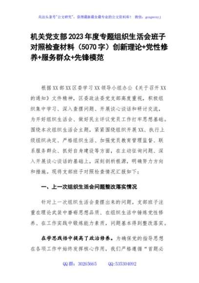 （支部班子）2023年度主题教育专题组织生活会班子对照检查材料