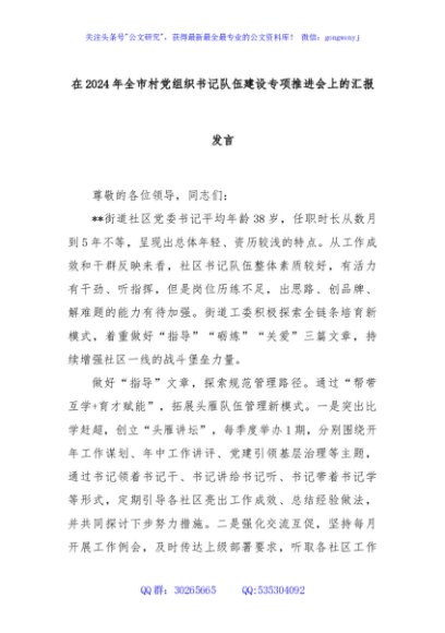 在2024年全市村党组织书记队伍建设专项推进会上的汇报发言