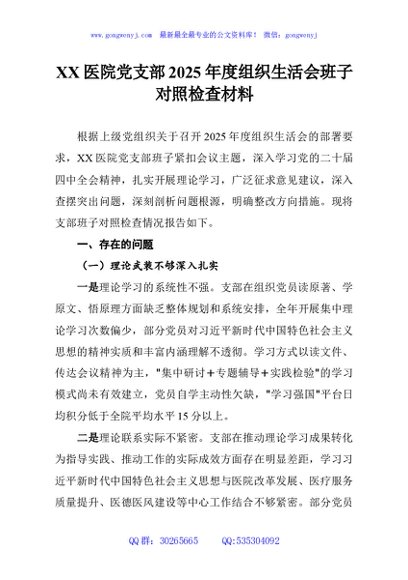 XX医院党支部2025年度组织生活会班子对照检查材料