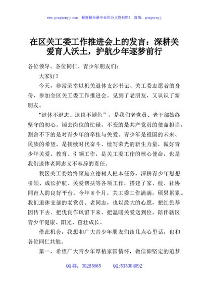 在区关工委工作推进会上的发言：深耕关爱育人沃土，护航少年逐梦前行