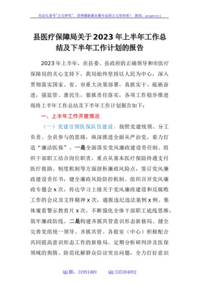 县医疗保障局 关于2023年上半年工作总结及下半年 工作计划的报告