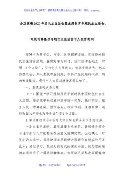 县卫健委2023年度民主生活会暨主题教育专题民主生活会、巡视巡察整改专题民主生活会个人发言提纲