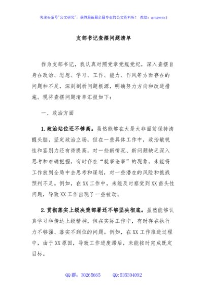 支部书记查摆问题清单