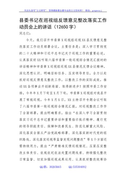 县委书记在巡视组反馈意见整改落实工作动员会上的讲话