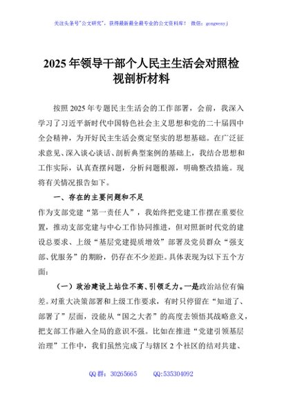 2025年领导干部个人民主生活会对照检视剖析材料