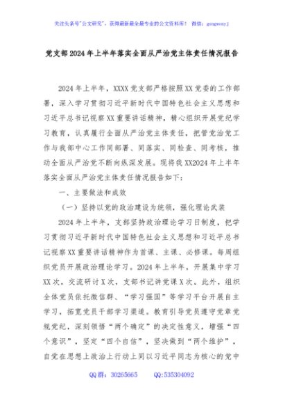 党支部2024年上半年落实全面从严治党主体责任情况报告
