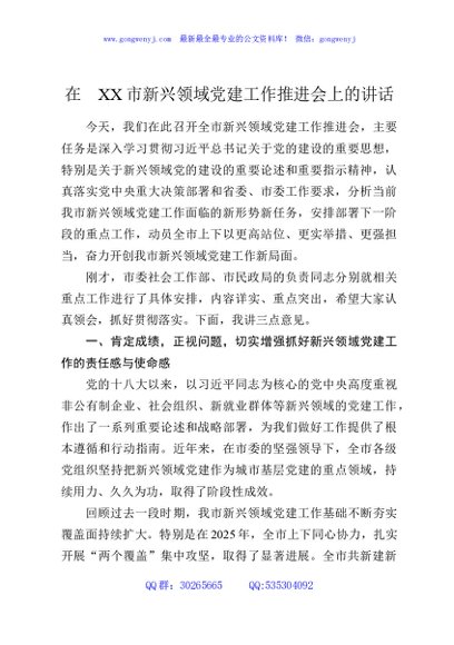 在XX市新兴领域党建工作推进会上的讲话