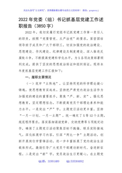 2022年党委（组）书记抓基层党建工作述职报告