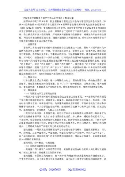 2023年主题教育专题民主生活会党委班子整改方案