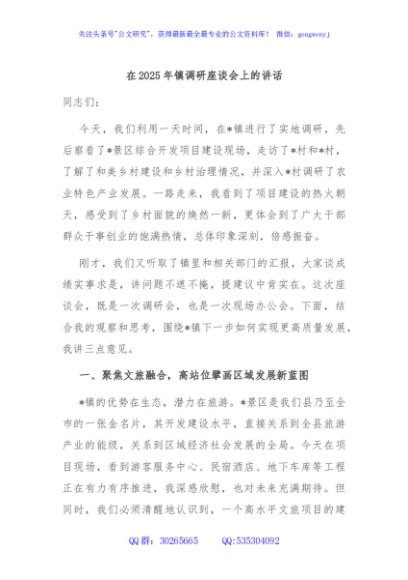 在2025年镇调研座谈会上的讲话
