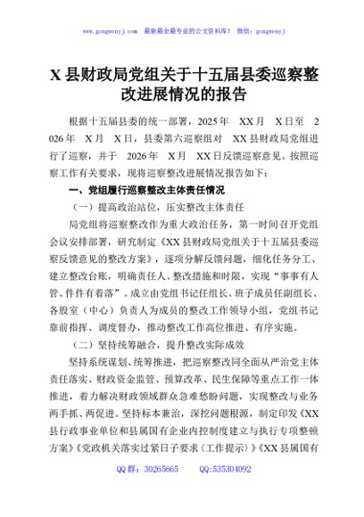 X县财政局党组关于十五届县委巡察整改进展情况的报告