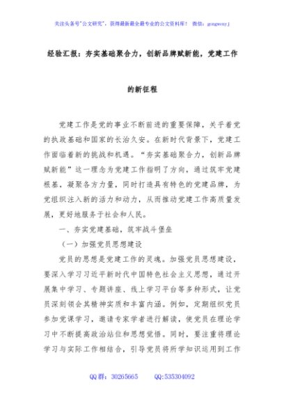 经验汇报：夯实基础聚合力，创新品牌赋新能，党建工作的新征程
