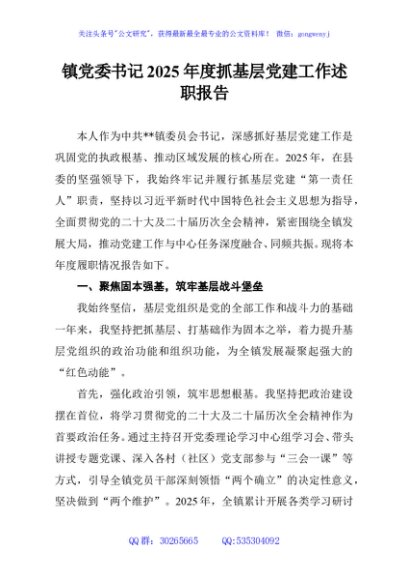 镇党委书记2025年度抓基层党建工作述职报告