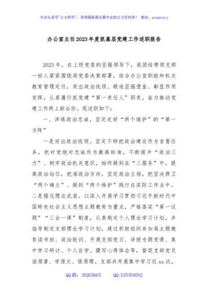 办公室主任2023年度抓基层党建工作述职报告