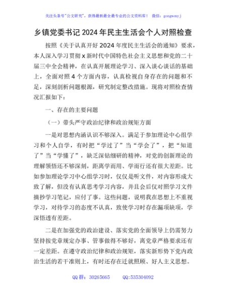乡镇书记2024年民主生活会对照检查3300字