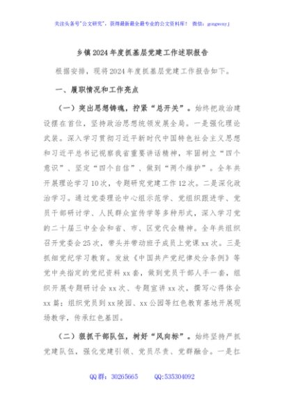 乡镇2024年度抓基层党建工作述职报告