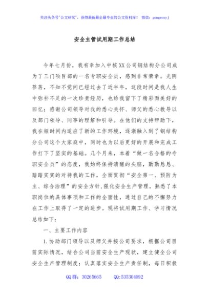 安全主管试用期工作总结