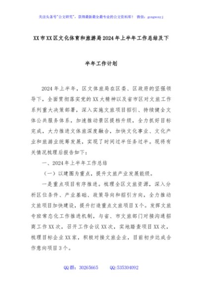 XX市XX区文化体育和旅游局2024年上半年工作总结及下半年工作计划