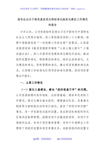 国有企业关于推进基层党支部标准化规范化建设工作情况的报告
