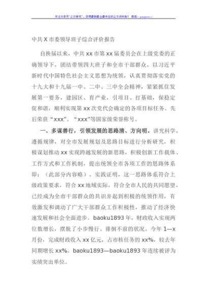 中共X市委领导班子综合评价报告