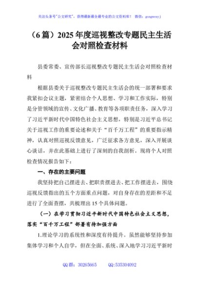 （6篇）2025年度巡视整改专题民主生活会对照检查材料