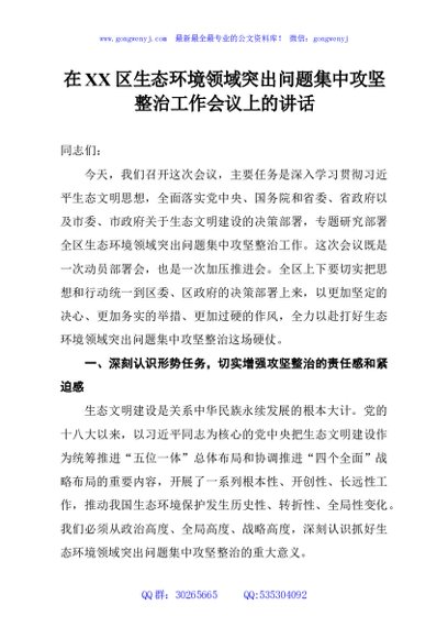 在XX区生态环境领域突出问题集中攻坚整治工作会议上的讲话