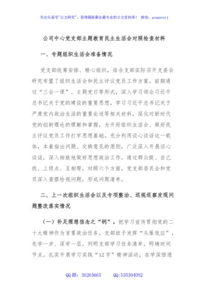公司中心党支部主题教育民主生活会对照检查材料