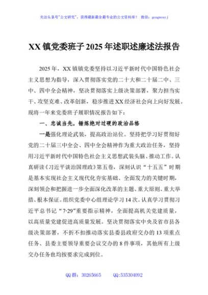 XX镇党委班子2025年述职述廉述法报告