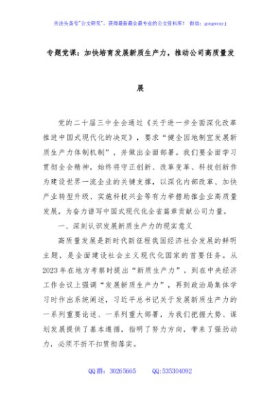 专题党课：加快培育发展新质生产力，推动公司高质量发展