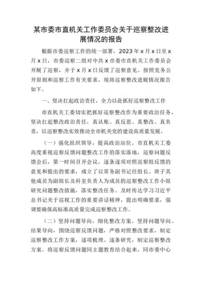 机关工委关于巡察整改进展情况的总结报告