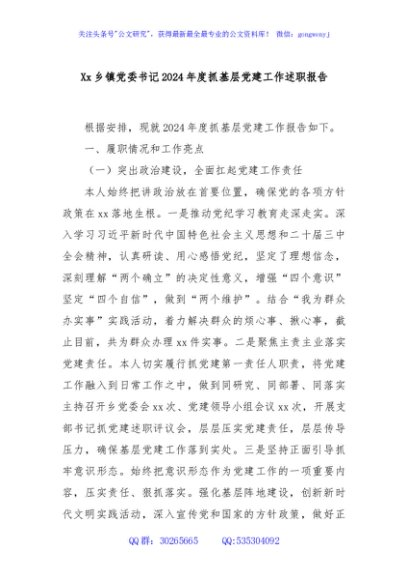 Xx乡镇党委书记2024年度抓基层党建工作述职报告