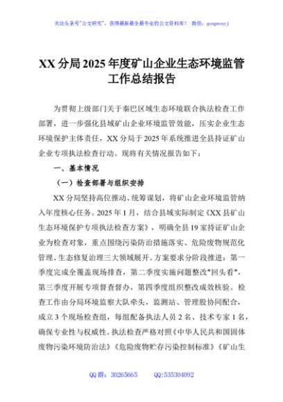 XX分局2025年度矿山企业生态环境监管工作总结报告