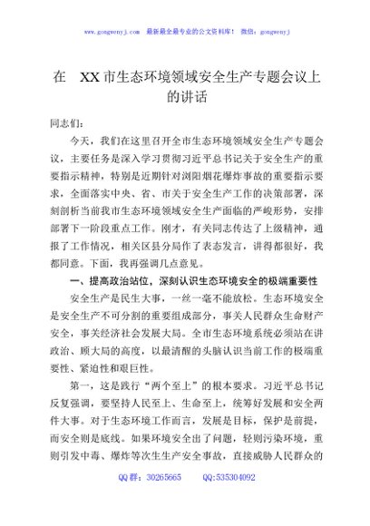 在XX市生态环境领域安全生产专题会议上的讲话