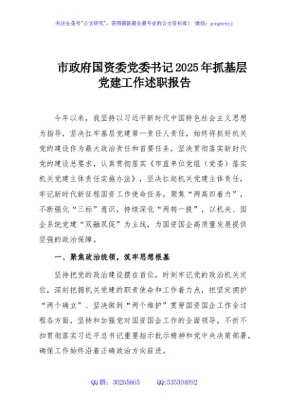 市政府国资委党委书记2025年抓基层党建工作述职报告