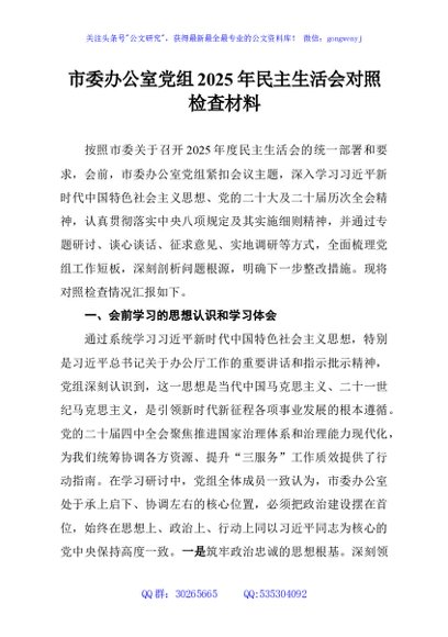 市委办公室党组2025年民主生活会对照检查材料