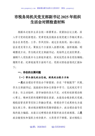 市税务局机关党支部副书记2025年组织生活会对照检查材料