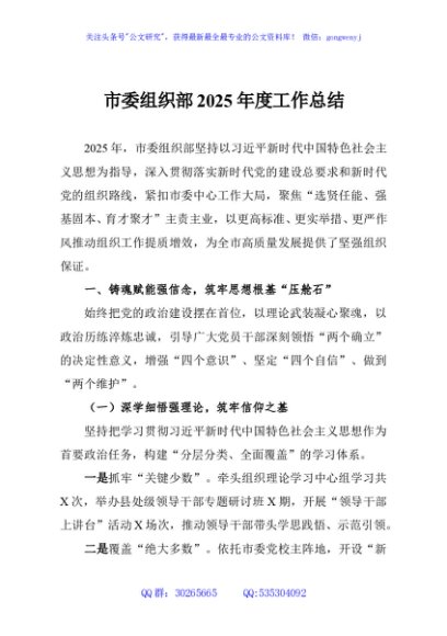 市委组织部2025年度工作总结