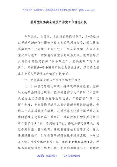县局党组落实全面从严治党工作情况汇报