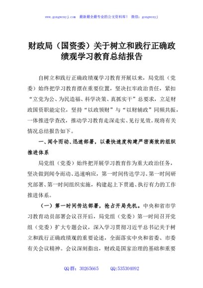 财政局（国资委）关于树立和践行正确政绩观学习教育总结报告