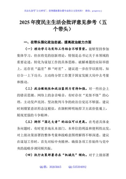 2025年度民主生活会批评意见参考（五个带头）