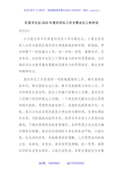区委书记在2025年意识形态工作专题会议上的讲话