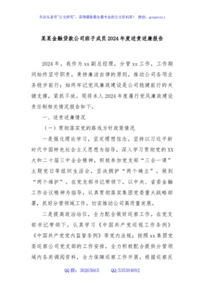 某某金融贷款公司班子成员2024年度述责述廉报告
