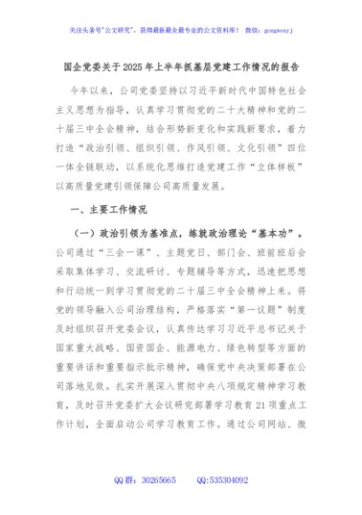 国企党委关于2025年上半年抓基层党建工作情况的报告