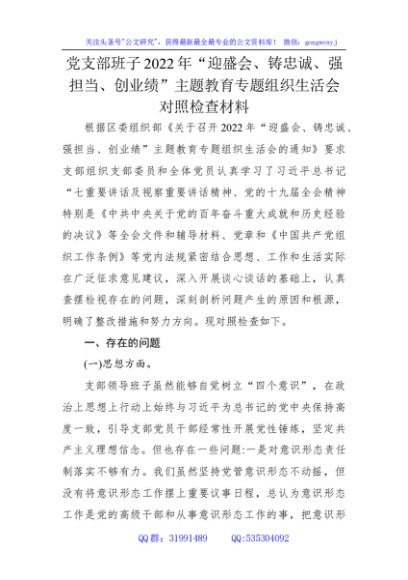 党支部班子2022年“迎盛会、铸忠诚、强担当、创业绩”主题教育专题组织生活会对照检查材料
