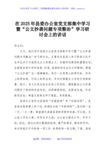 在2025年县委办公室党支部集中学习暨“公文抄袭问题专项整治”学习研讨会上的讲话