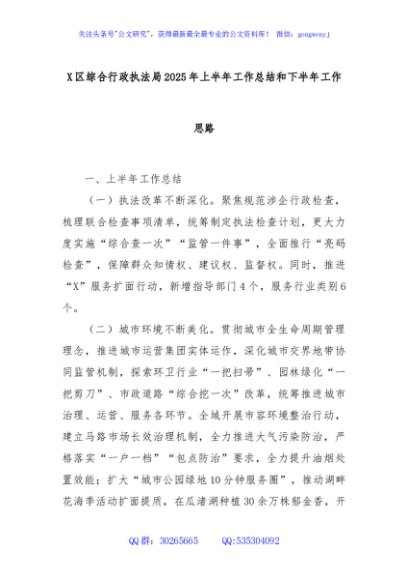 X区综合行政执法局2025年上半年工作总结和下半年工作思路