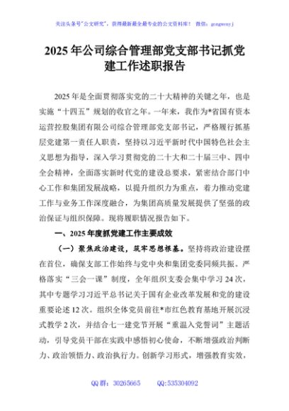 2025年公司综合管理部党支部书记抓党建工作述职报告