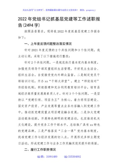 2022年党组书记抓基层党建等工作述职报告