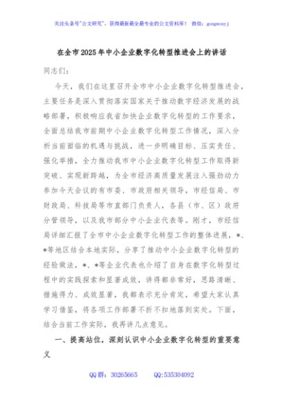 在全市2025年中小企业数字化转型推进会上的讲话